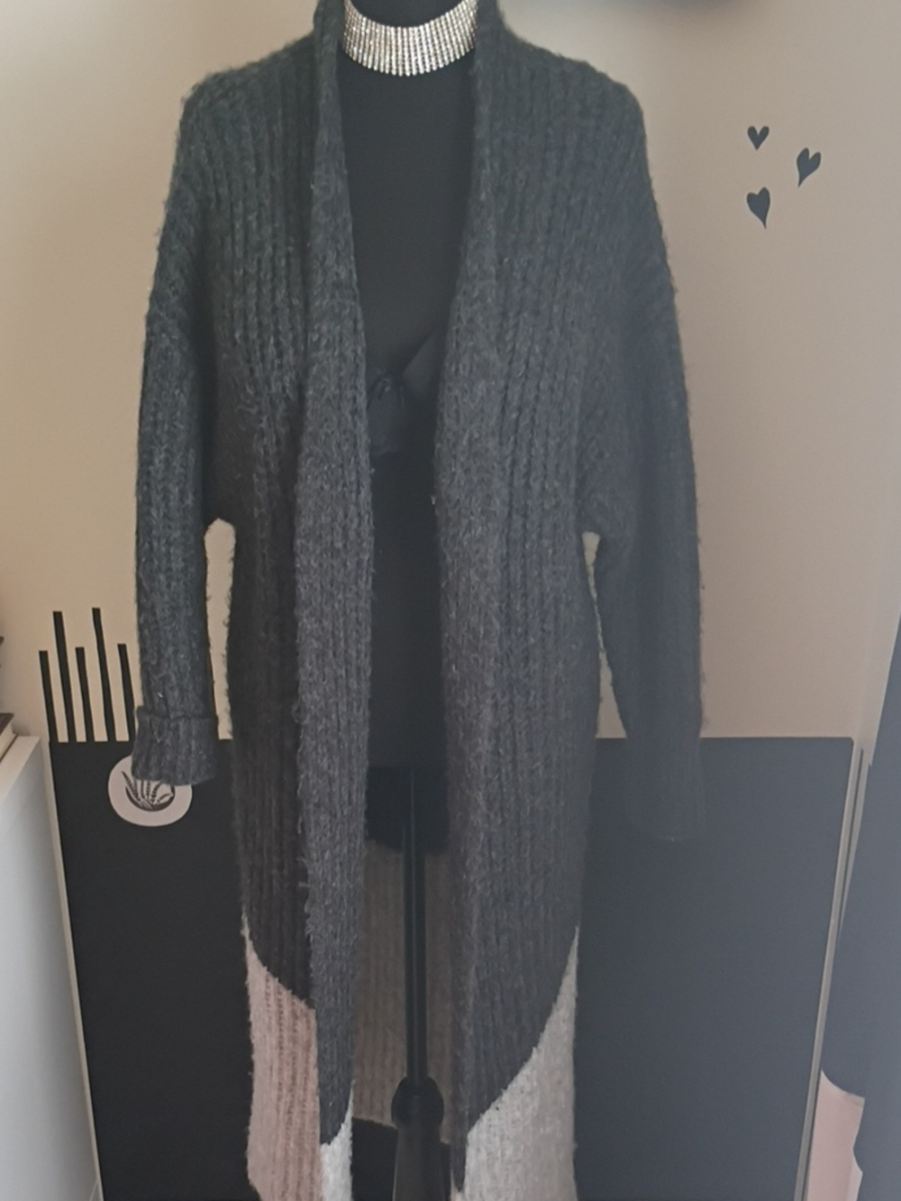 Express Colorblock Long Open-Front Cardigan - Charcoal Gray and Cream